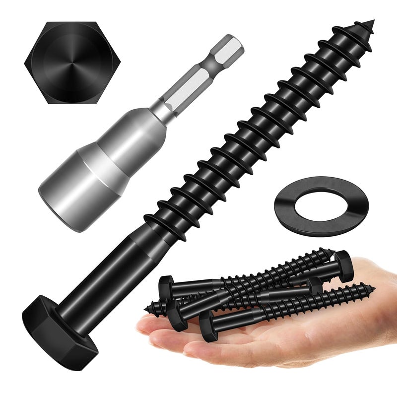 MYWISH (6Sets) 1/2" x 4" Hex Head Lag Bolts, Heavy Duty Lag Screws with Washers, 304 Stainless Steel Bolts 18-8, Lag Screws Wood Screws, Fully Thread Black Oxide, 1/2 Bolt by - Image 1